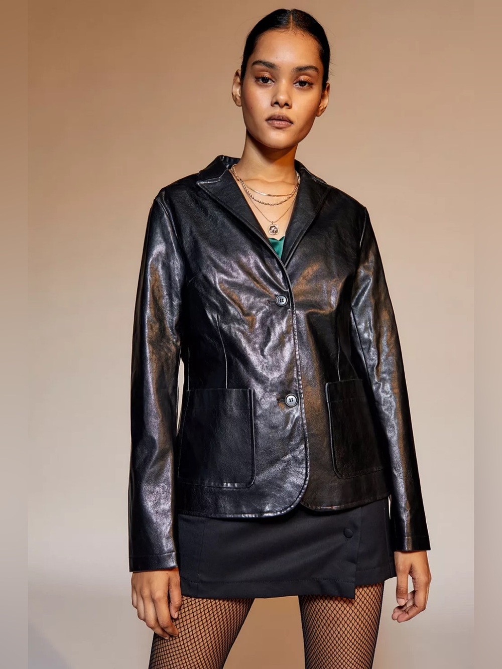 Urban Outfitters Black Faux Leather Blazer Jacket Chrissy Shrunken NWT Sz Small